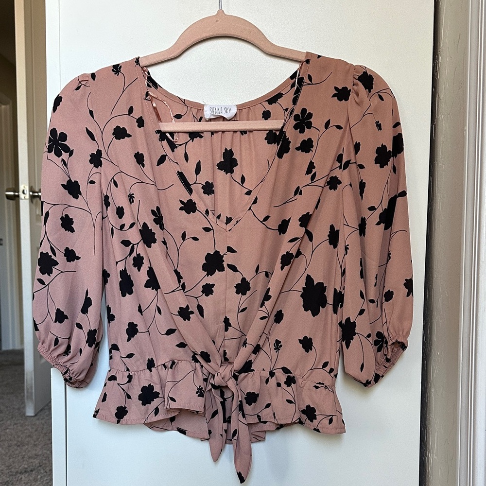 Floral Tie-Front Blouse - Pink and Tan